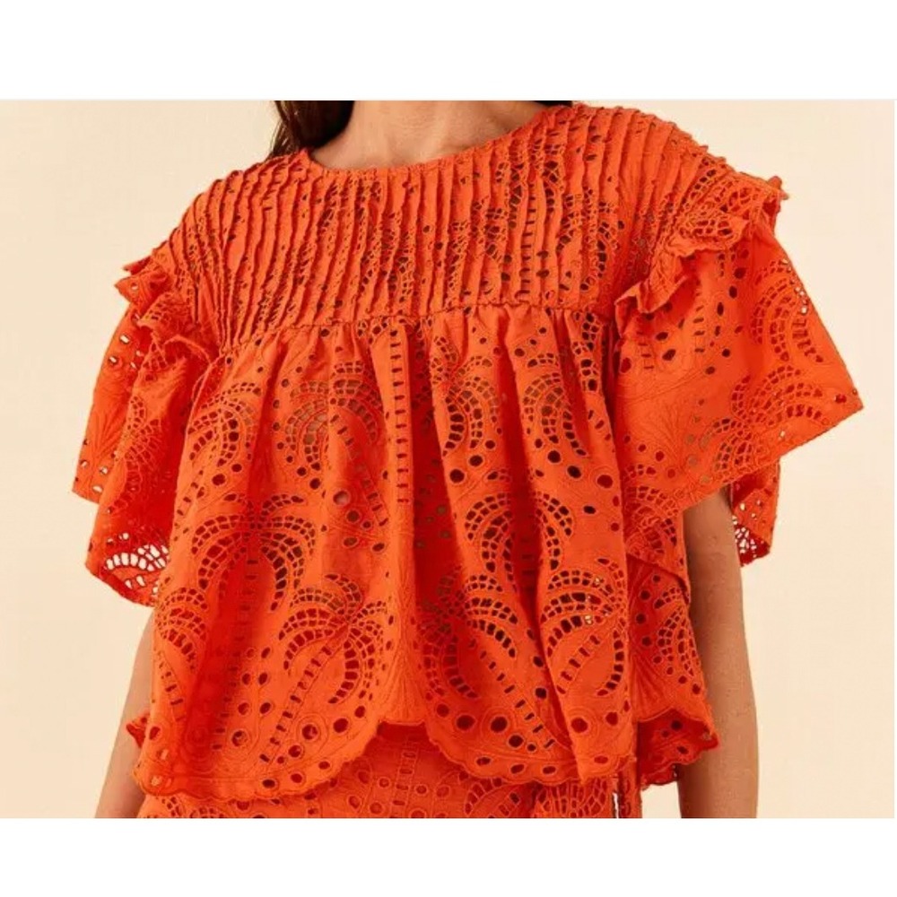 FARM RIO  Orange Palm Tree Richelieu Eyelet Blouse Ruffle Sleeve Size  Small